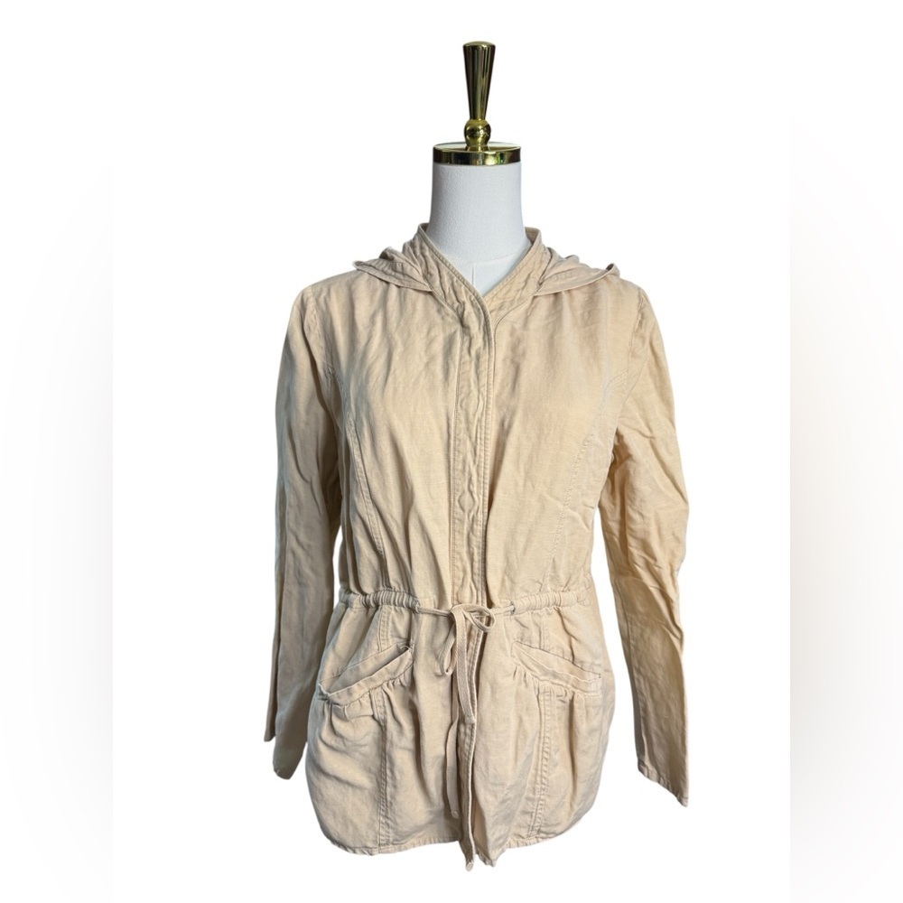 Apostrophe Beige Hooded Drawstring Utility Jacket Silk Linen Cotton Size S